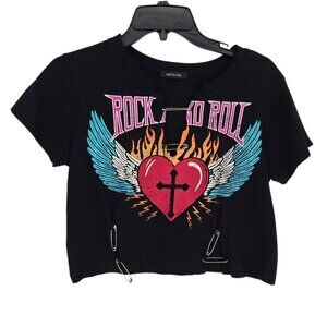 Ruby and lace womens small black rock and roll thrashed short sleeve crop top